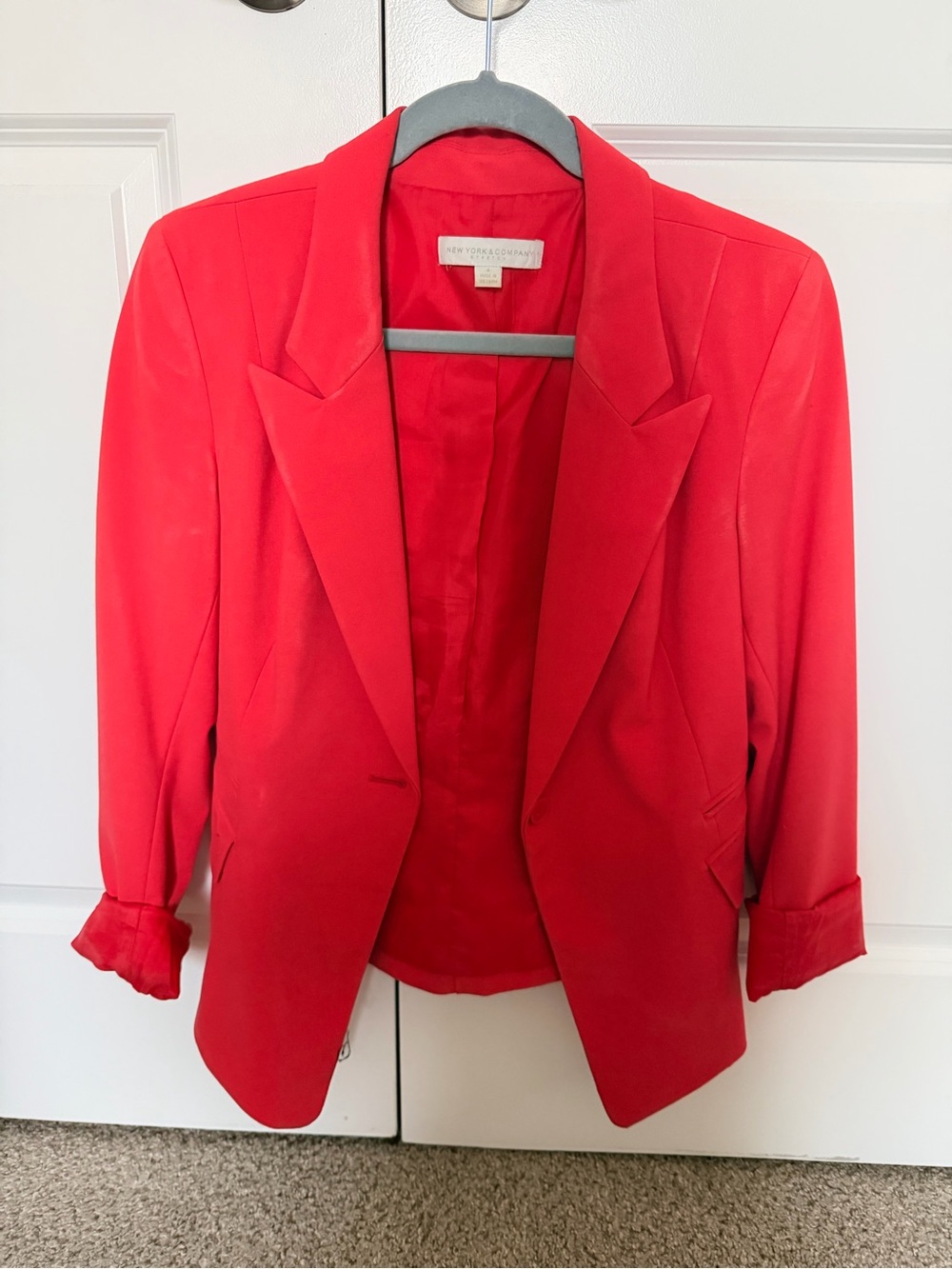 New York & Company Red Tailored Blazer with Rolled Cuffs